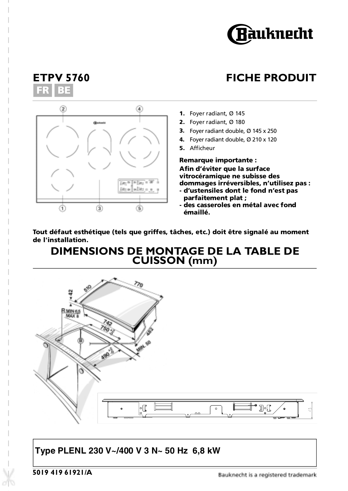 bauknecht ETPV 5760 PRODUCT SHEET