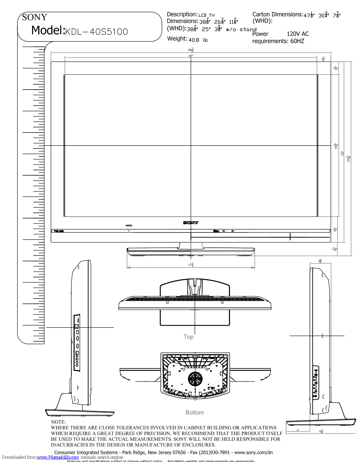 Sony KDL40S5100/9,KDL-40S5100 Dimensions