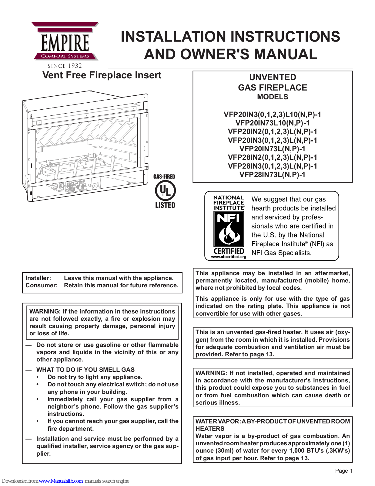 Empire Comfort Systems VFP20IN3 series, VFP20IN2 series, VFP20IN73L10 series, VFP20IN73L series, VFP28IN3 series Owner's Manual