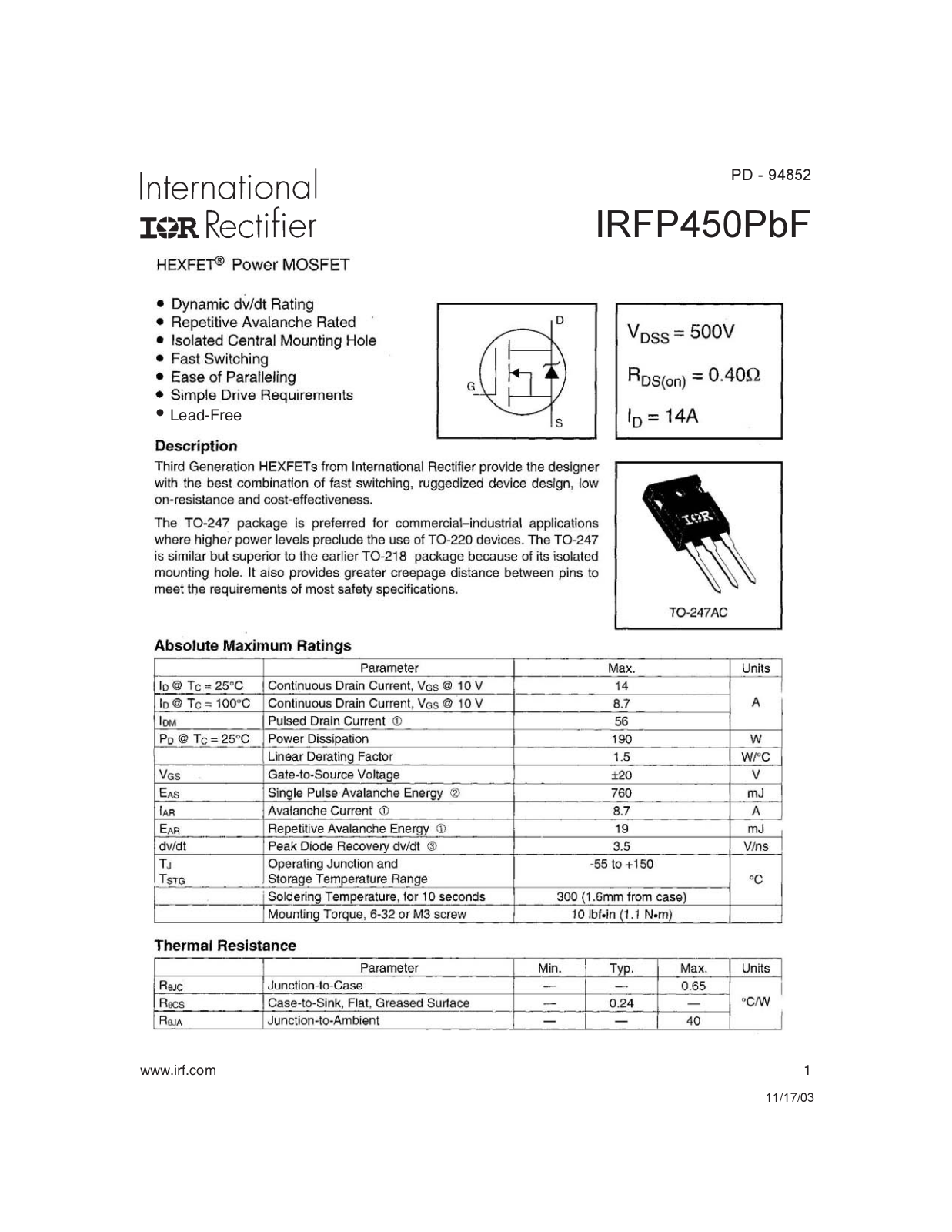 Datasheet IRFP450PBF Specification - ManualMachine.com