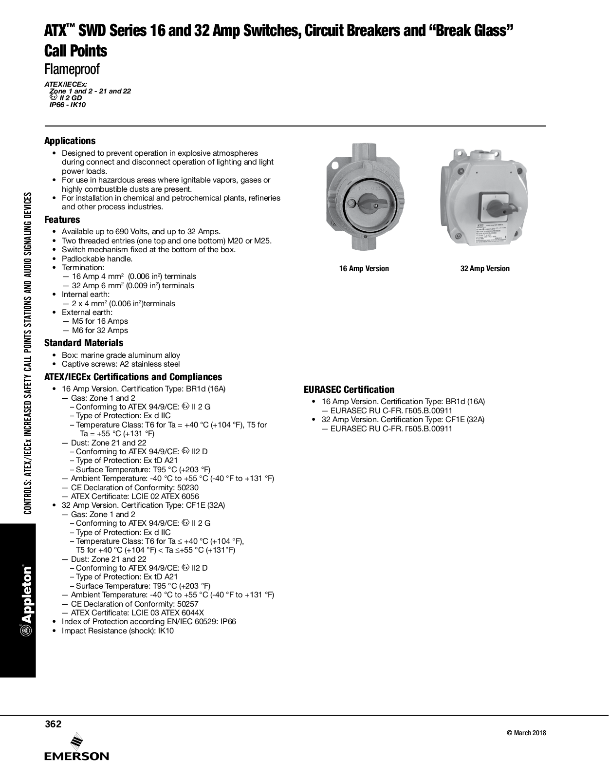 Appleton ATX™ SWD Series 16 and 32 Amp Switches, Circuit Breakers, “Break Glass” Catalog Page