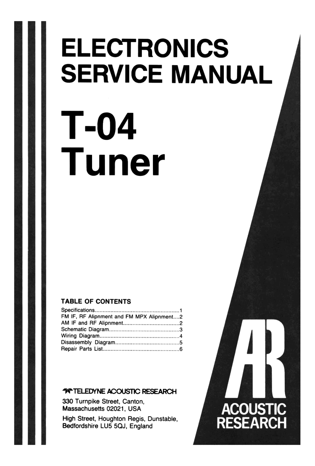 Acoustic Research T-04 Service Manual