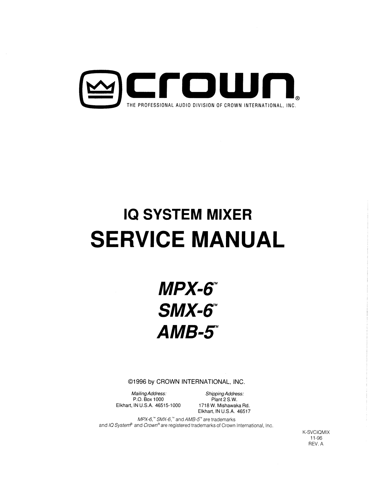 Crown Audio SMX-6 Service Manual