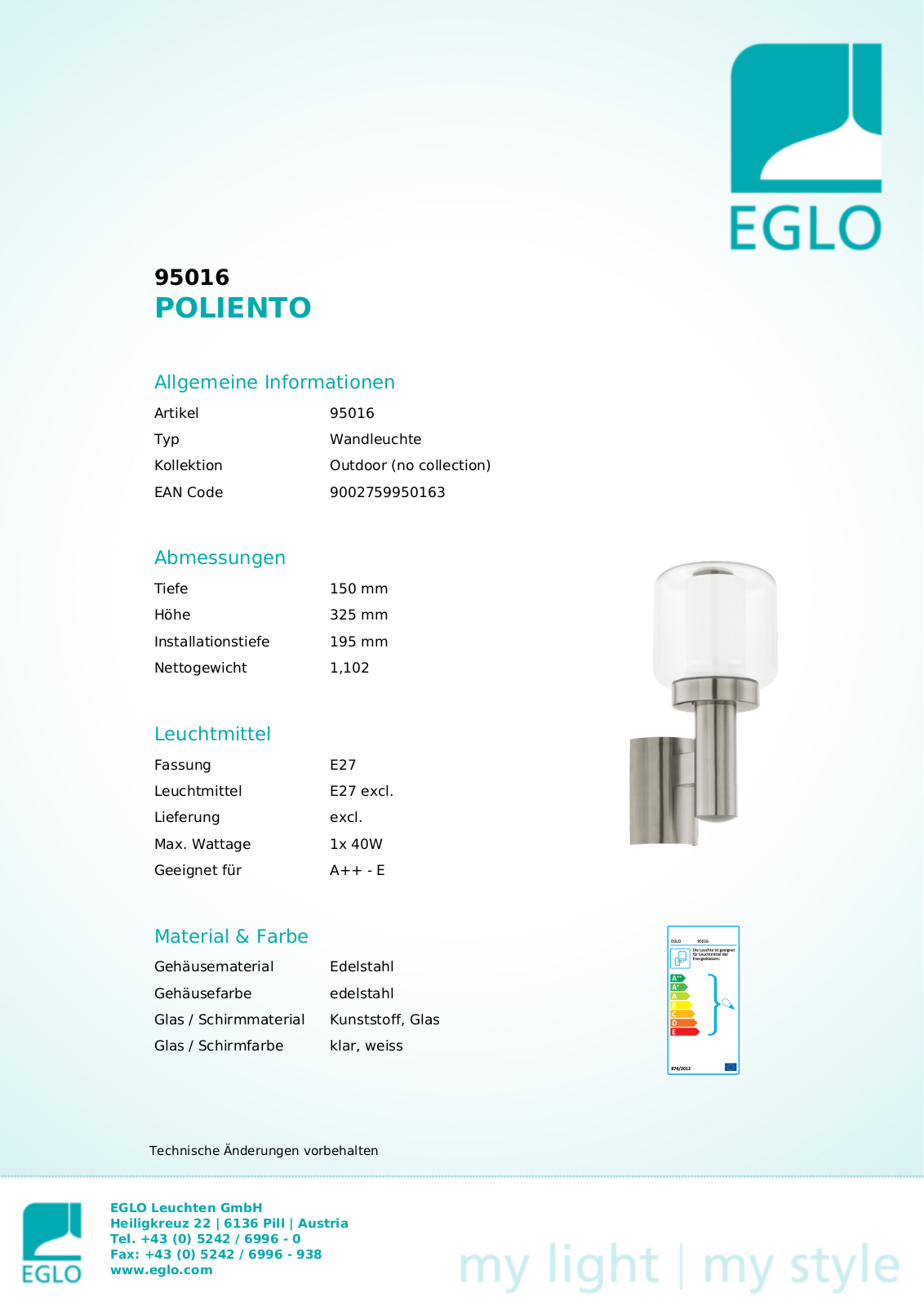 Eglo 95016 Service Manual