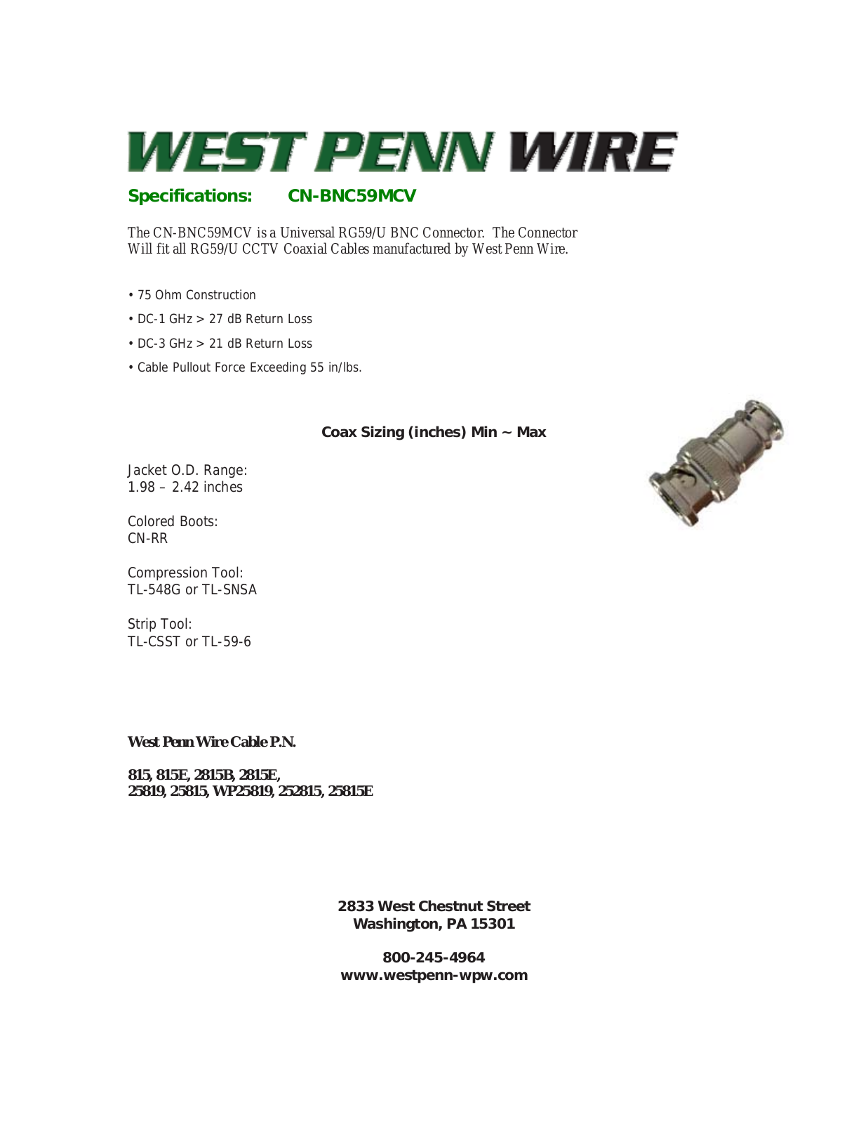 West Penn CN-BNC59MCV Specsheet