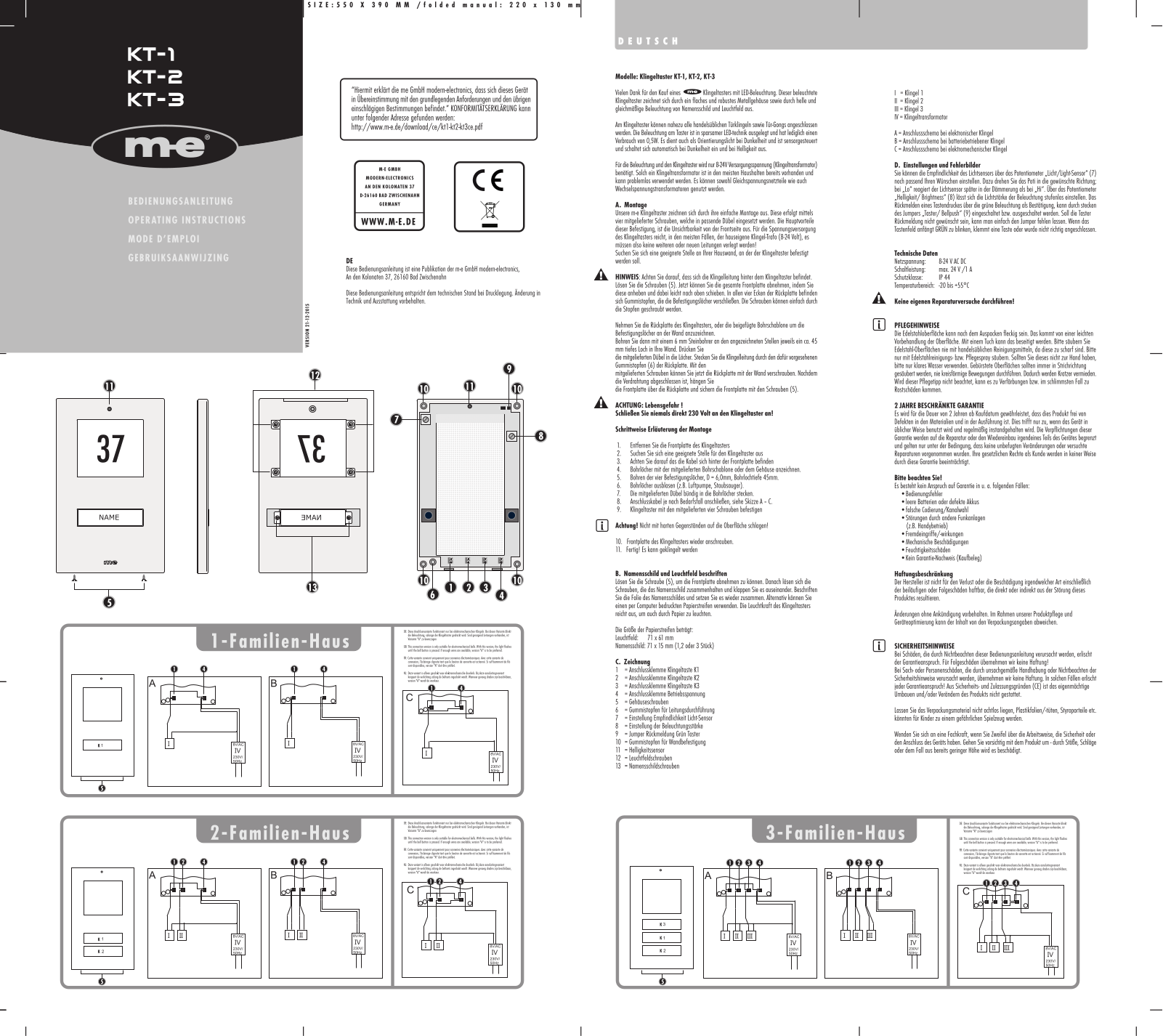 m-e modern-electronics KT-1, KT-2, KT-3 Operating Instructions