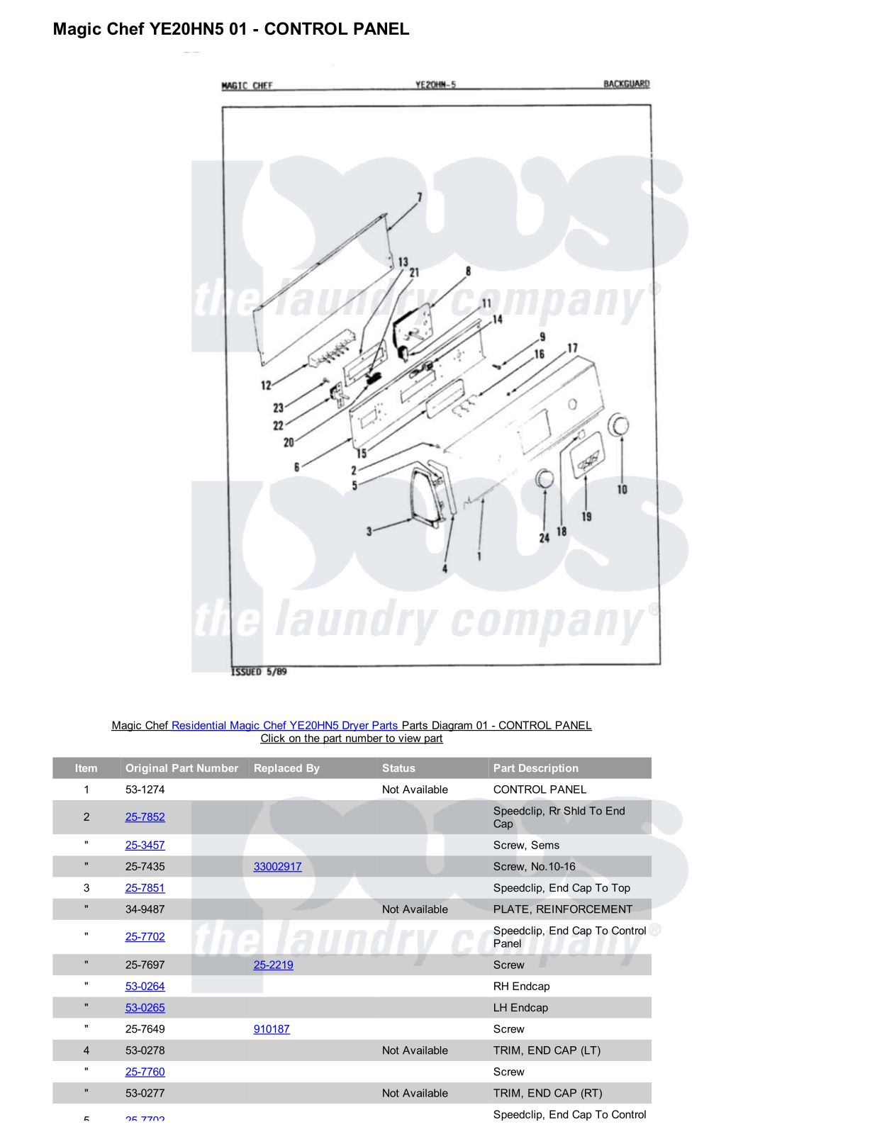 Magic Chef YE20HN5 Parts Diagram