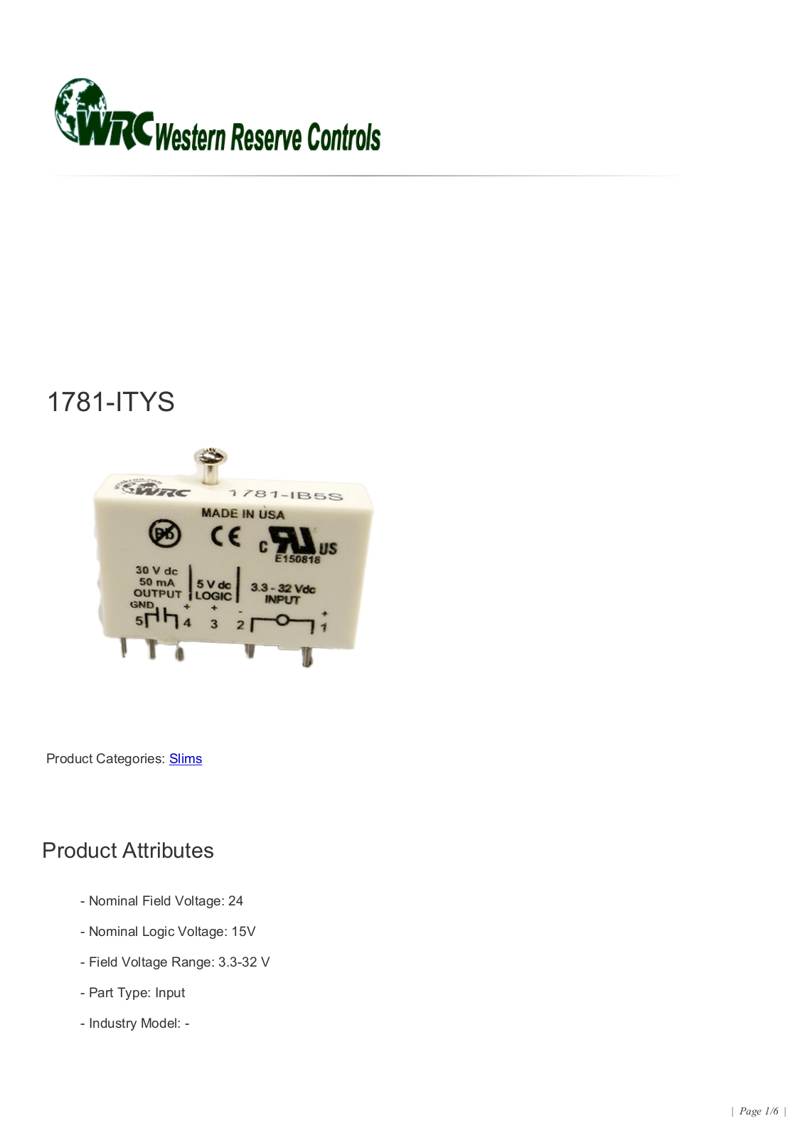 Western Reserve Controls 1781-ITYS Data Sheet