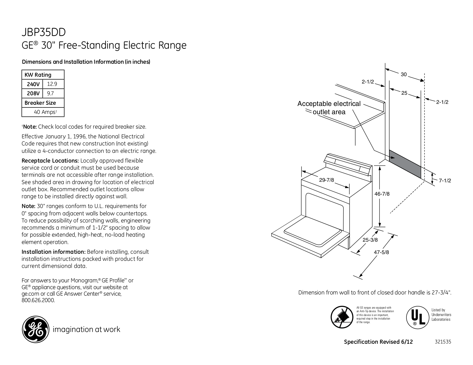 GE JBP35DDWW Specification Sheet