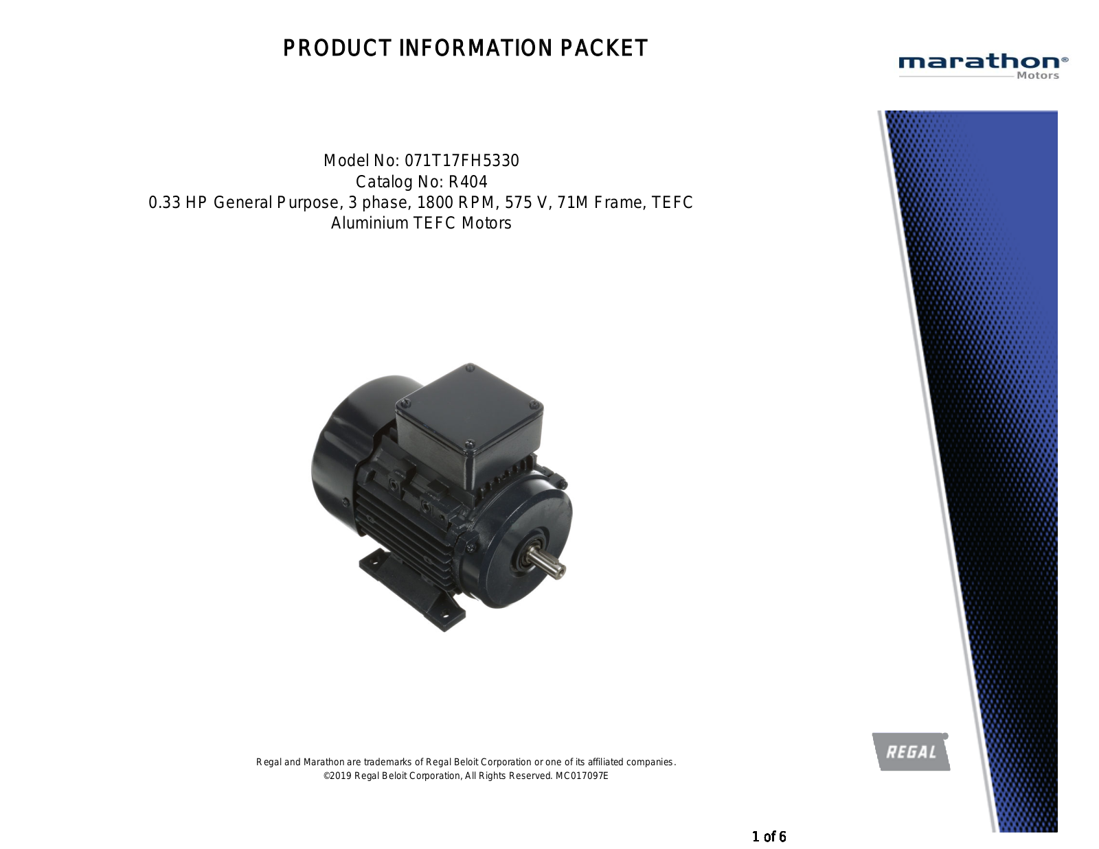 Marathon Electric R404 Product Information Packet