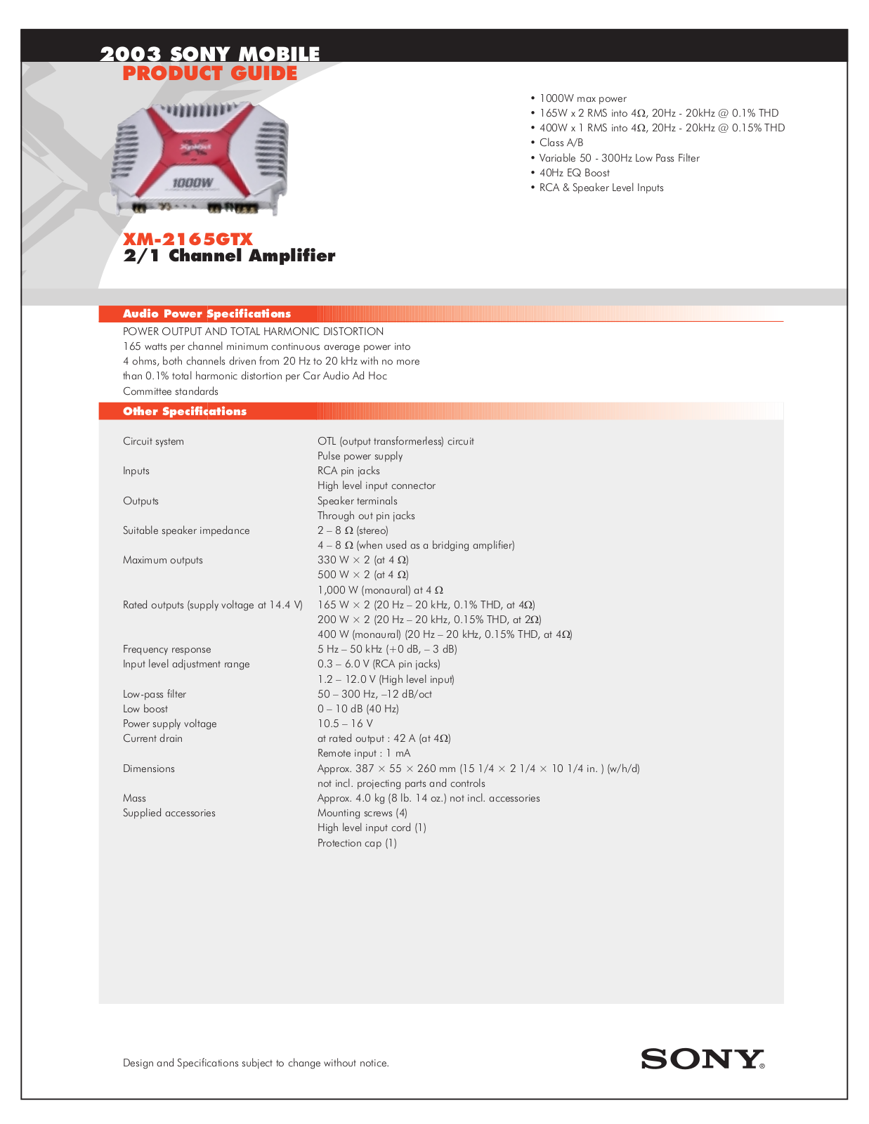 Sony XM-2165GTX Marketing Specifications