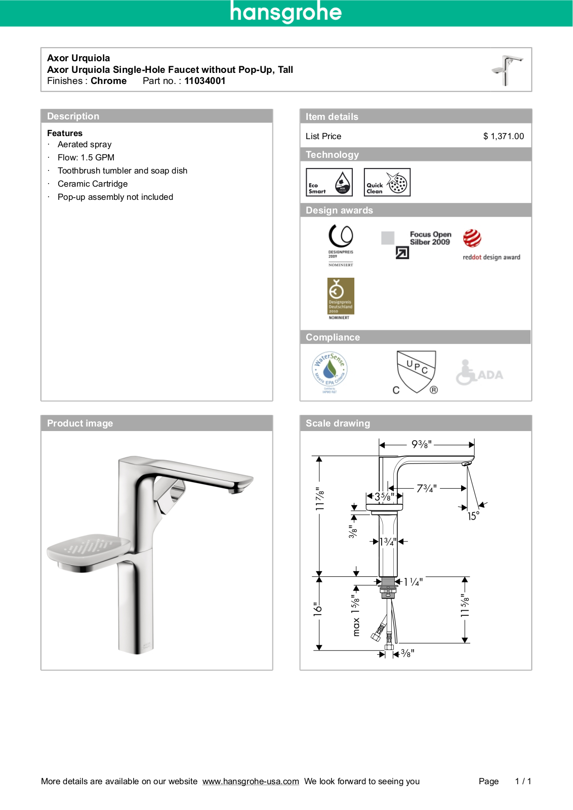 Hansgrohe 11034001 Specs