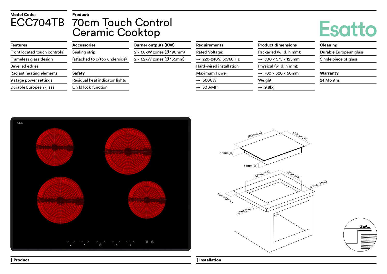 Esatto ECC704TB Specifications Sheet