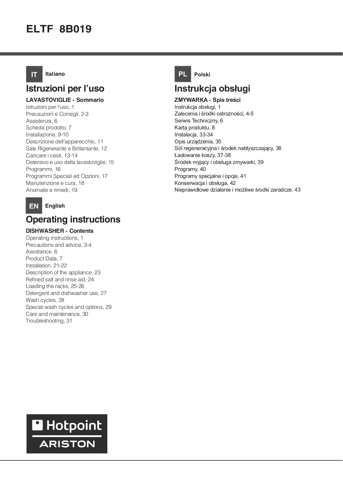 HOTPOINT/ARISTON ELTF 8B019 EU User Manual