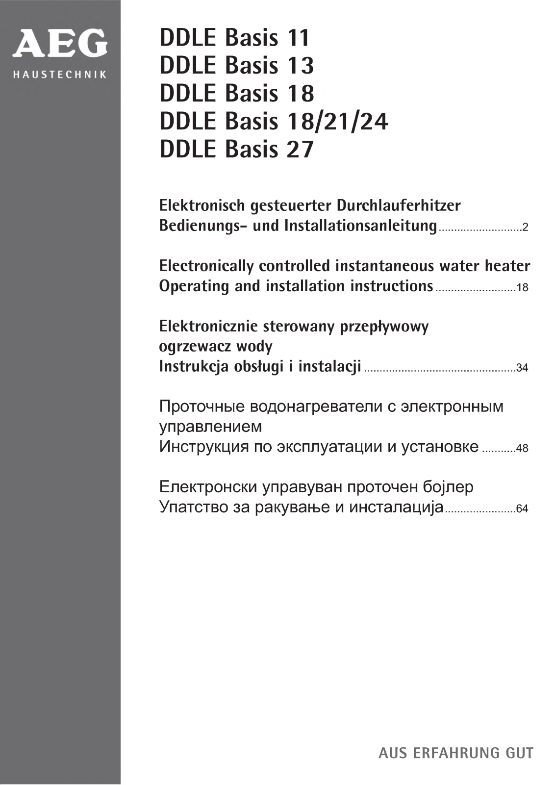 AEG Haustechnik DDLT Basis 13, DDLT Basis 18, DDLT Basis 27 Operating and Installation instructions