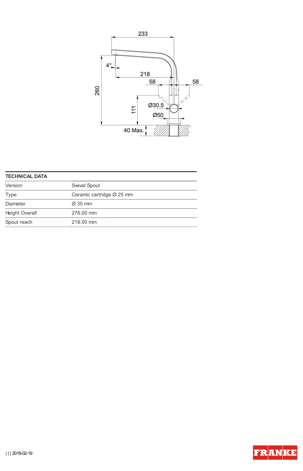 Franke TA6300B Specifications Sheet