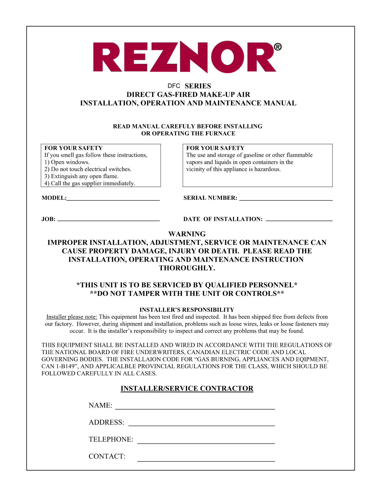 Reznor DFCH127 Installation  Manual