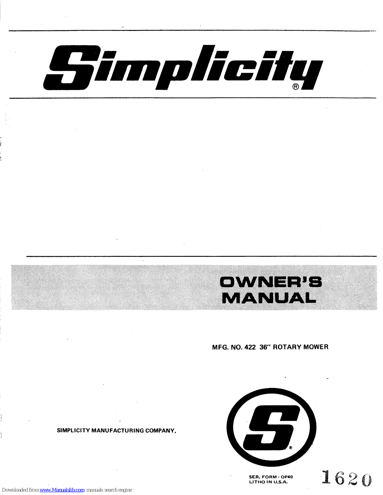 Simplicity Rotary Mower,422 Owner's Manual