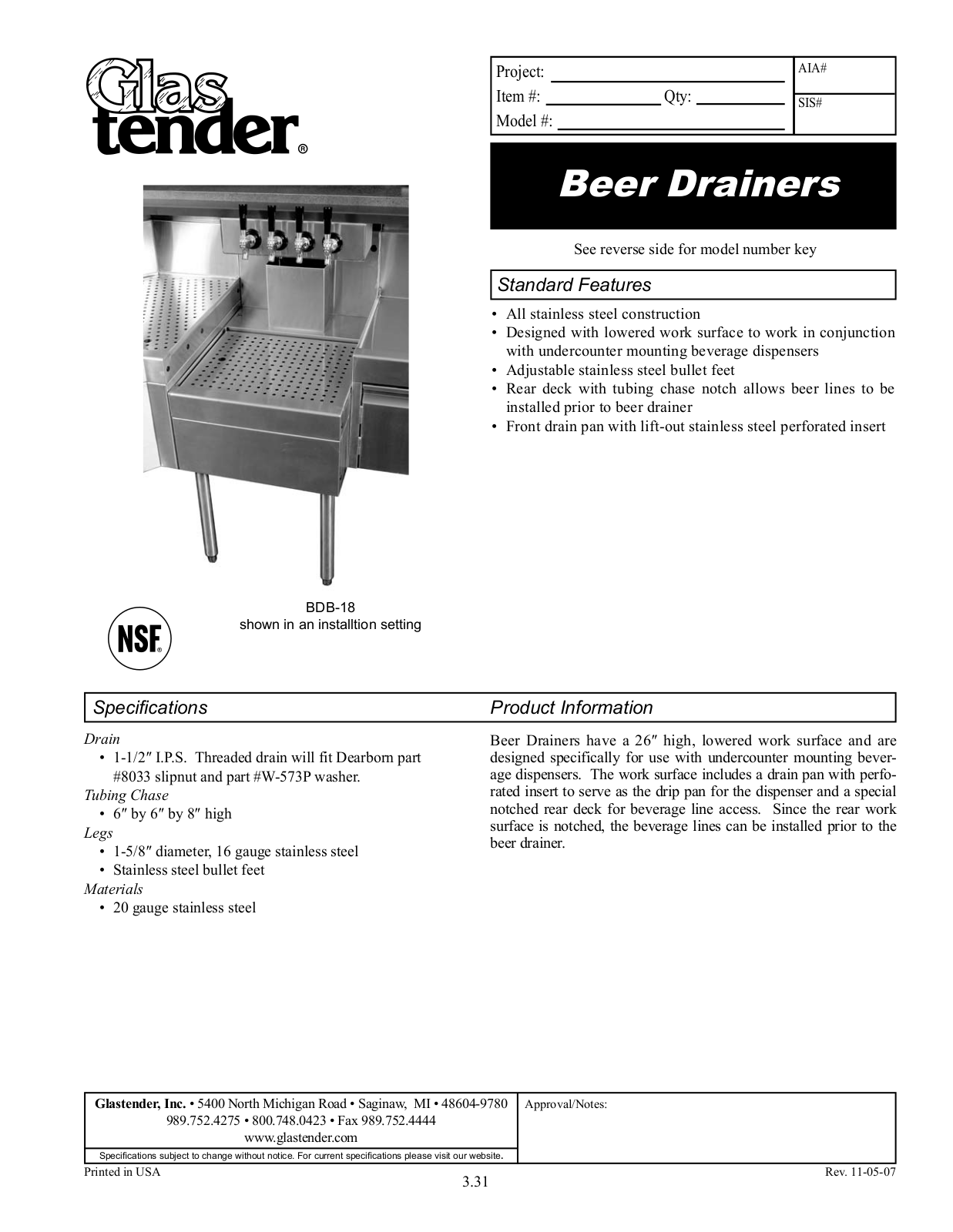 Glastender BDA-24, BDA-30, BDA-36, BDB-18, BDB-24 General Manual