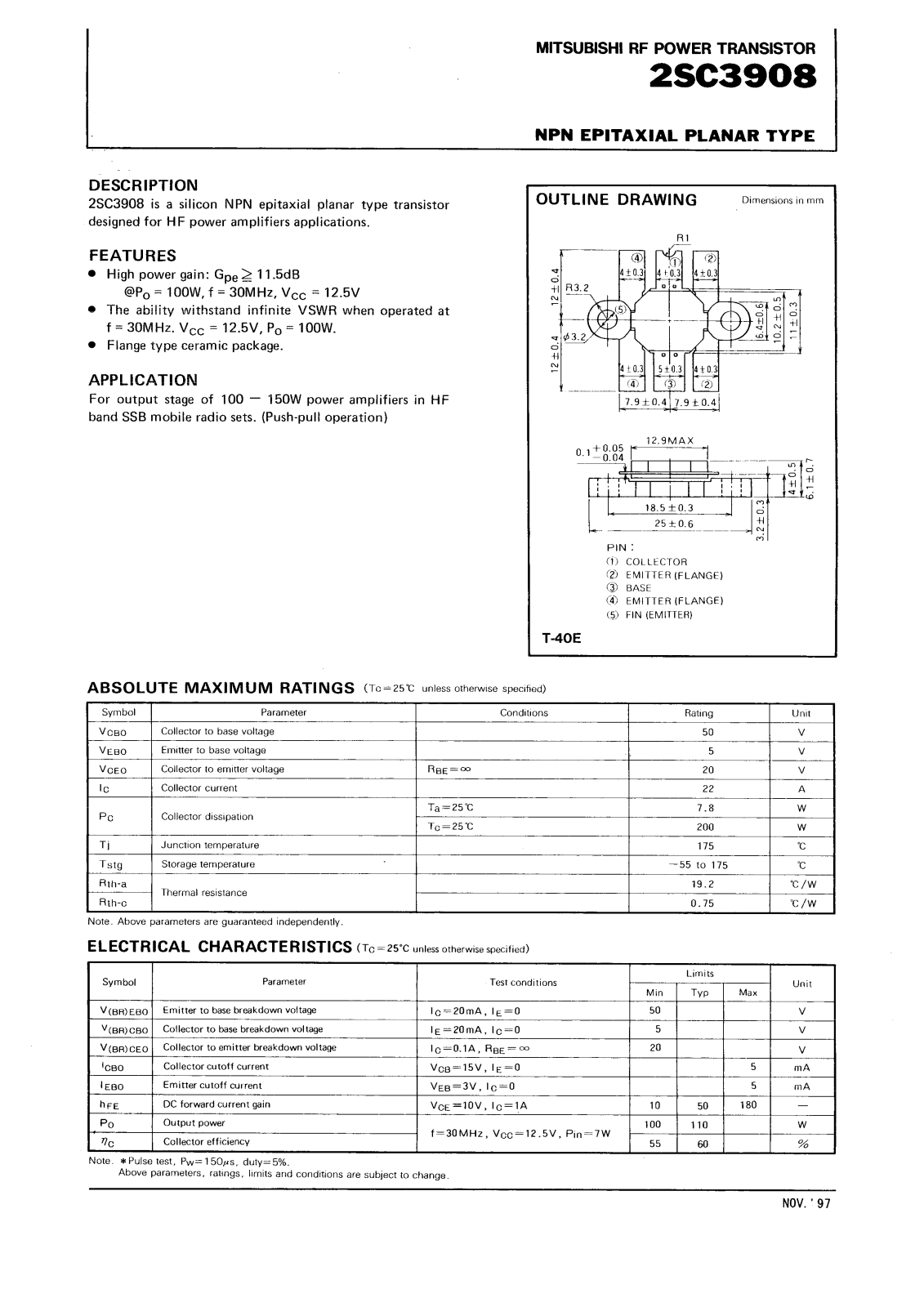 Mitsubishi Electric Corporation Semiconductor Group 2SC3908 Datasheet