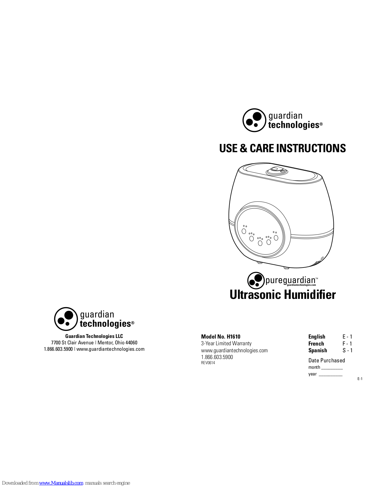 Guardian PureGuardian H4610, RH4810 Use & Care Instructions Manual