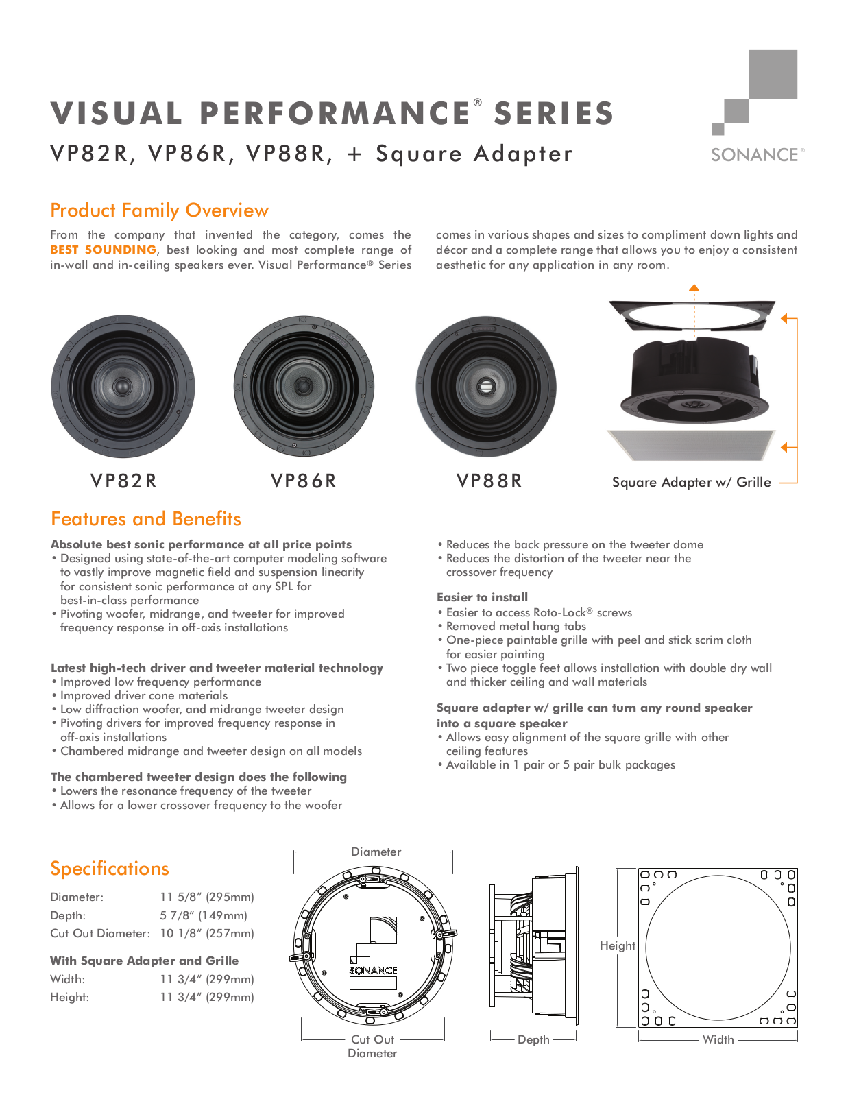 Sonance VP82R, VP86R, VP88R Specifications