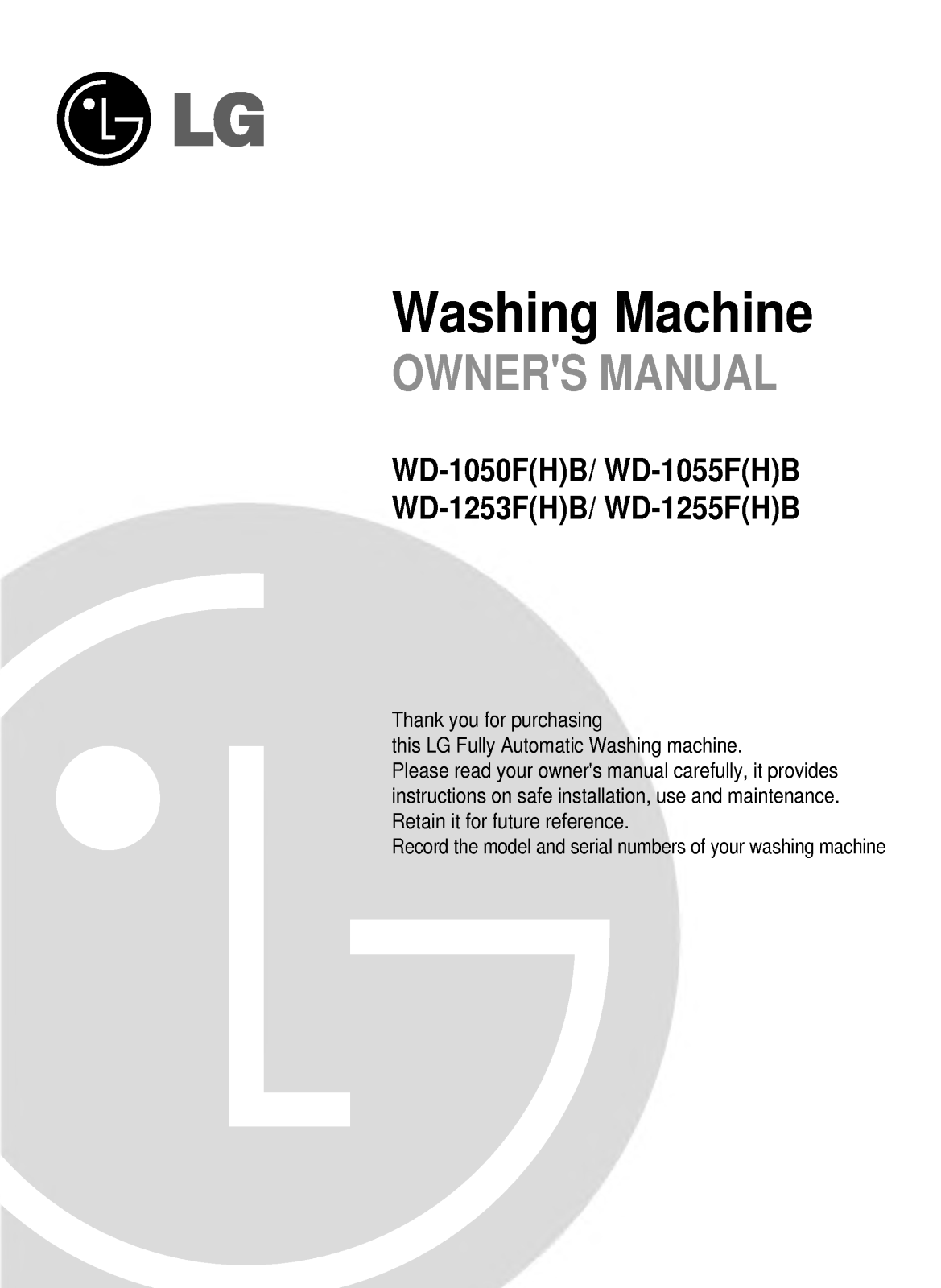 LG WD-1253FHB, WD-1255FB, WD-1255FHB, WD-1050FHB, WD-1055FHB User Manual