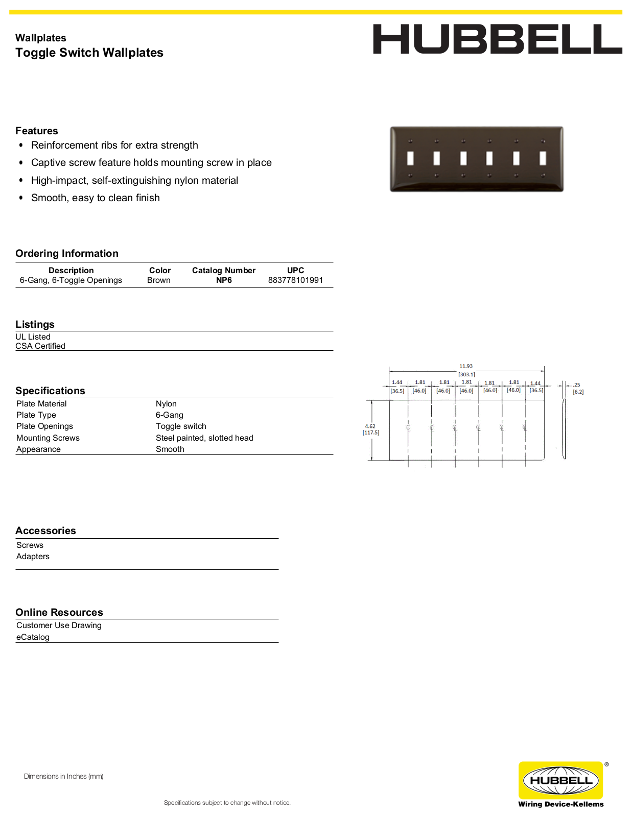 Hubbell NP6 Specifications