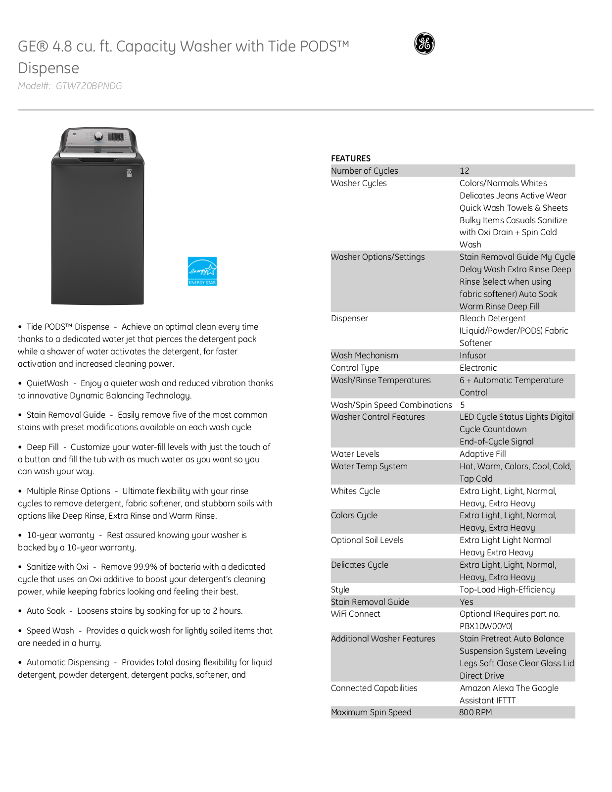 GE GEWADREDG7201 Specs