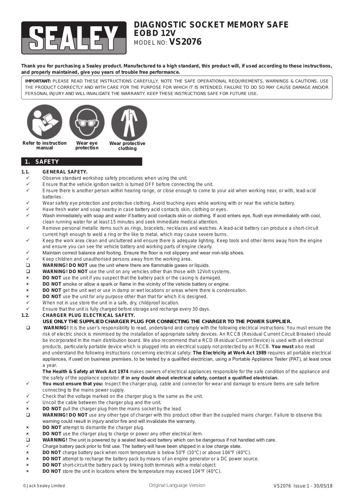 Sealey VS2076 Instruction Booklet