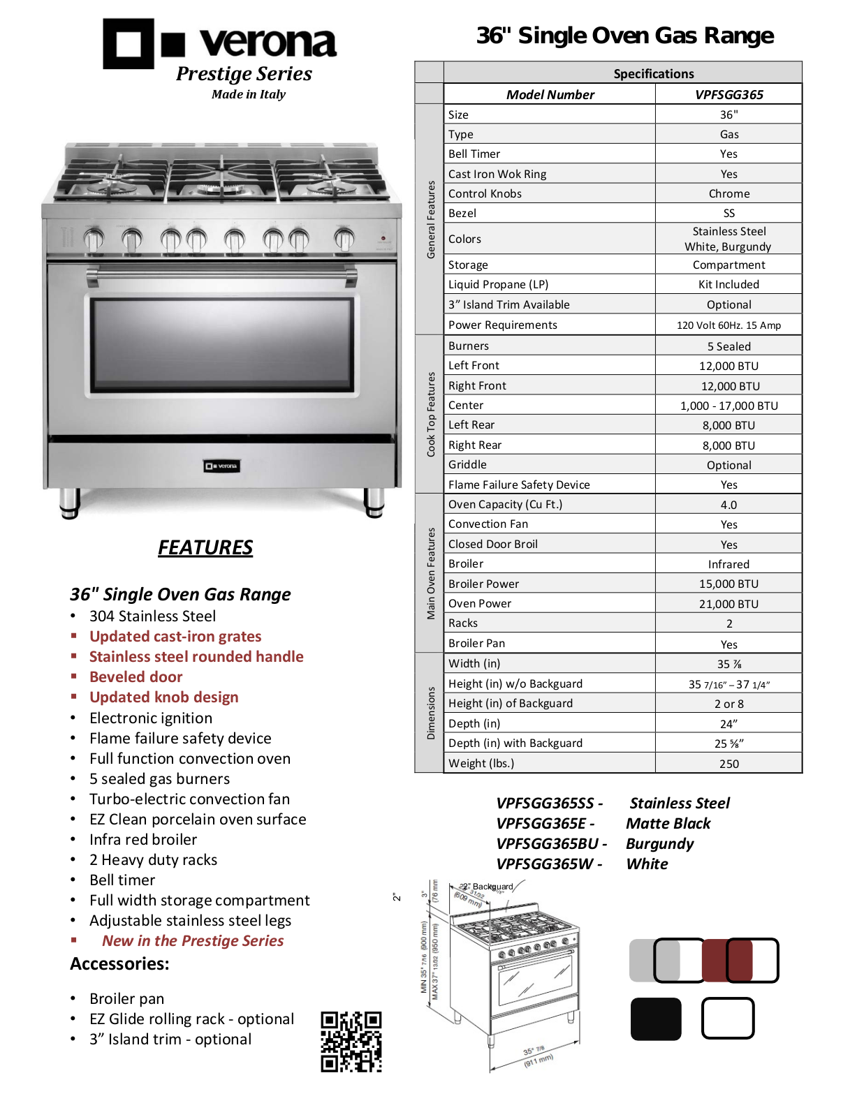 Verona VPFSGG365W Specifications