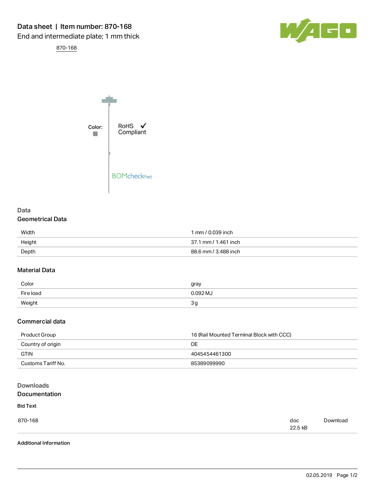 Wago 870-168 Data Sheet