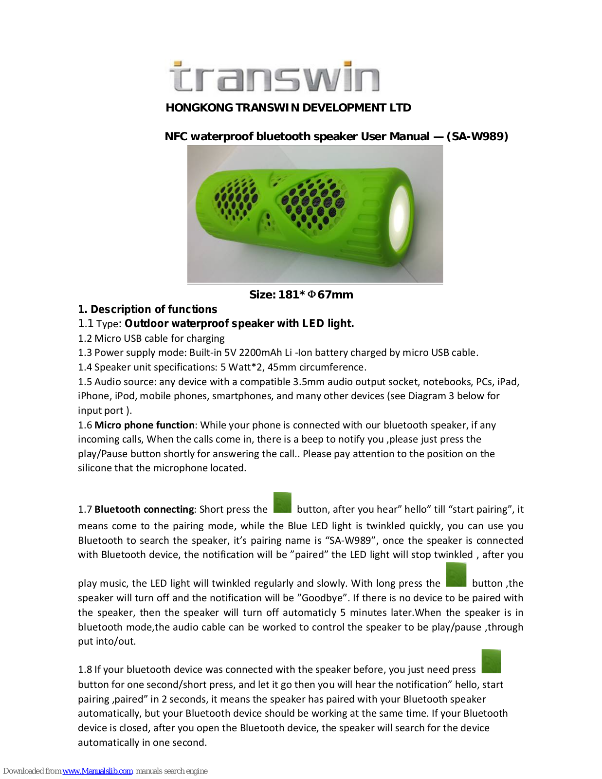 transwin SA-W989 User Manual - ManualMachine.com