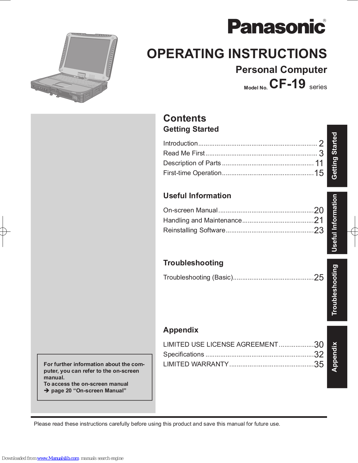 Panasonic CF-19ADJAX1M, CF-19ADUAG1M, CF-19ADUC51M, CF-19ADUC61M, CF-19ADUCG1M Operating Instructions Manual