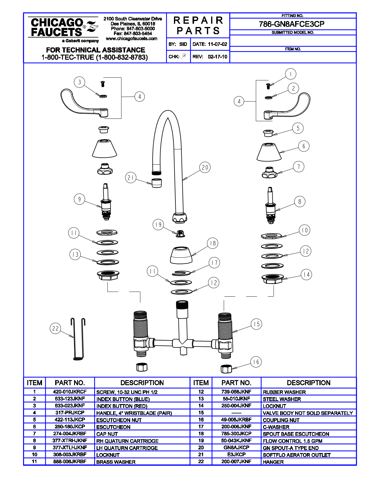 Chicago Faucet 786-GN8AFCE3CP Parts List