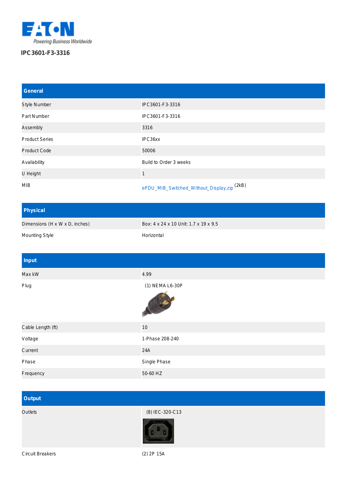 Cutler Hammer, Div of Eaton Corp IPC3601-F3-3316 Data Sheet