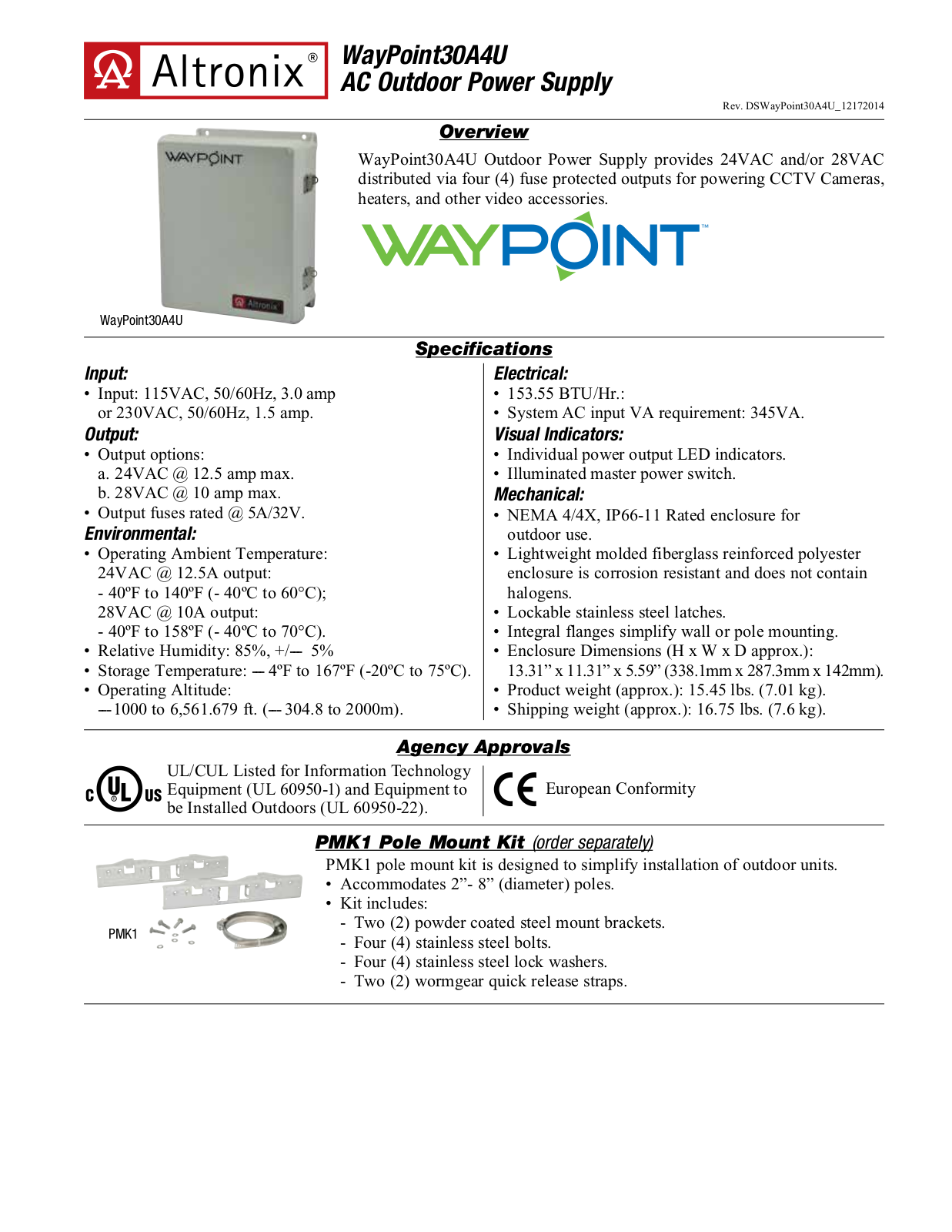 Altronix WAYPOINT30A4U Specsheet