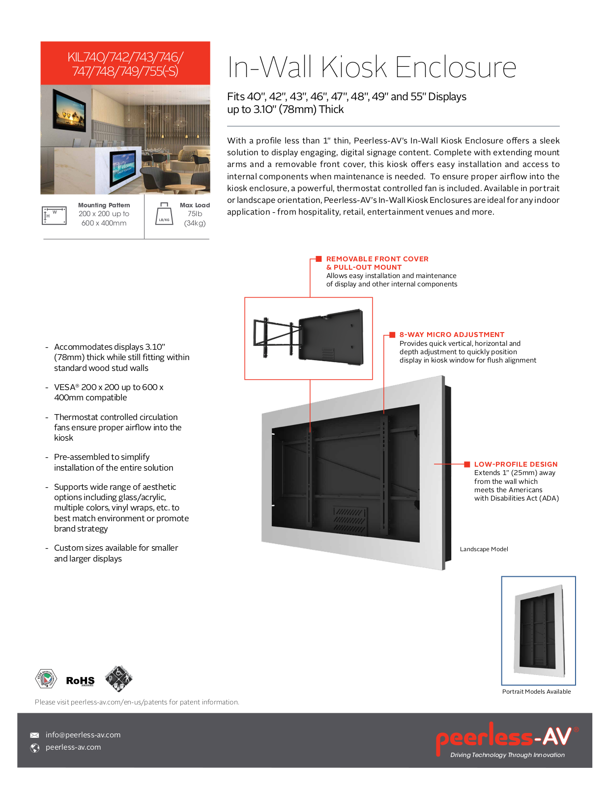 Peerless-AV KIL755, KIL755-S, KIL755-S-EUK, KIL755-EUK, KIL749 Specsheet