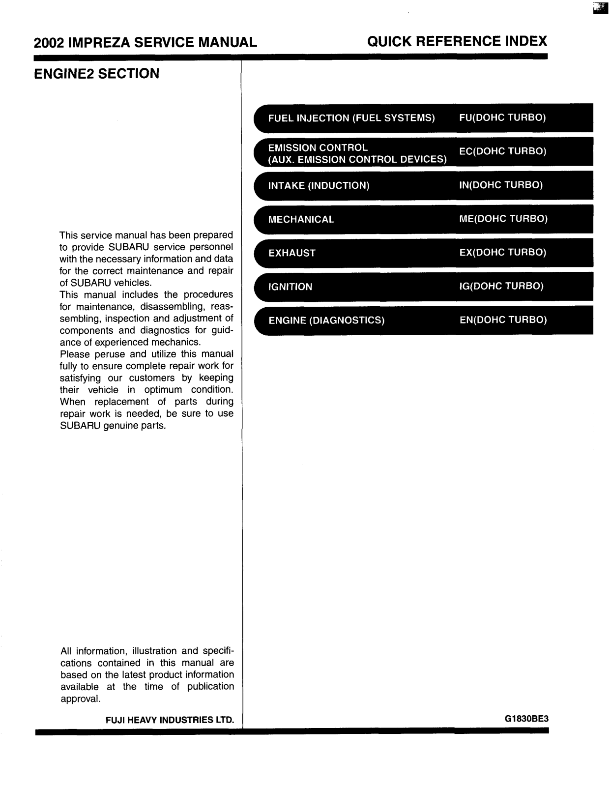 Subaru IMPREZA 2006 QUICK REFERENCE Manual