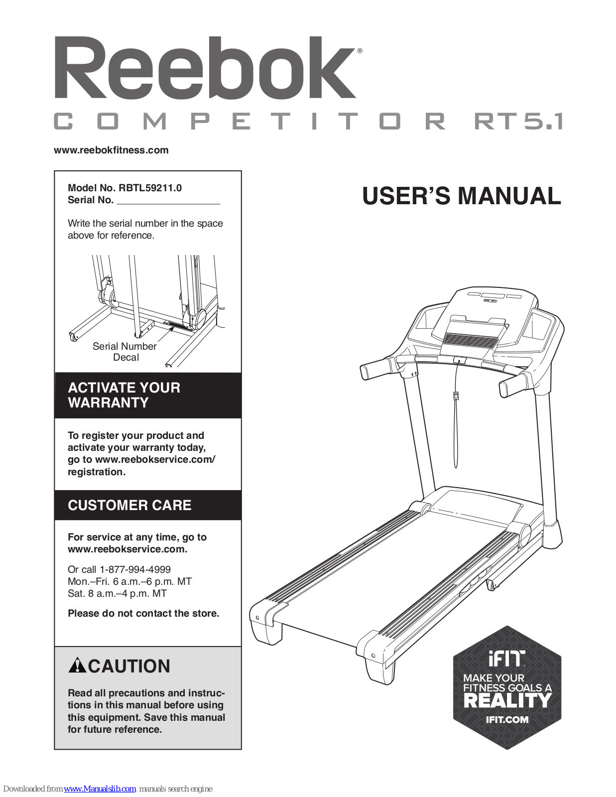 Reebok Competitor Rt 5.1 Treadmill, RBTL59211.0 User Manual