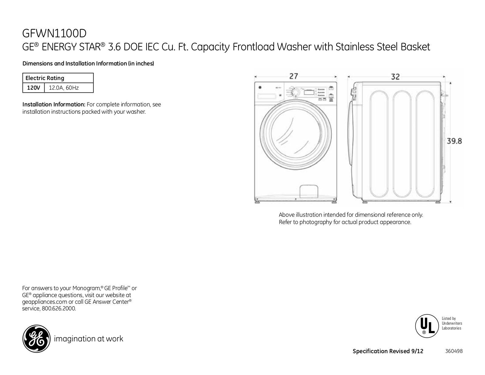 GE GFWN1100D Specification