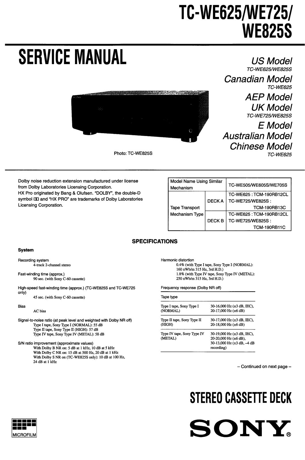 Sony tc we 825 Service Manual