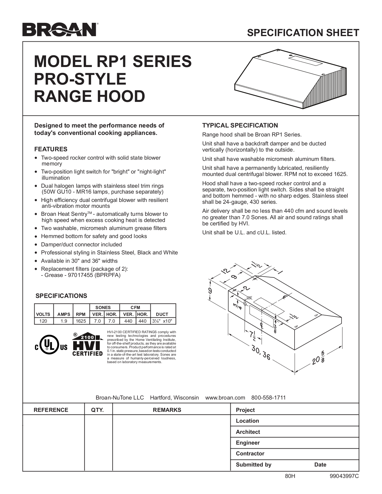 Broan RP136SS, RP130SS, RP136WW Specification Sheet