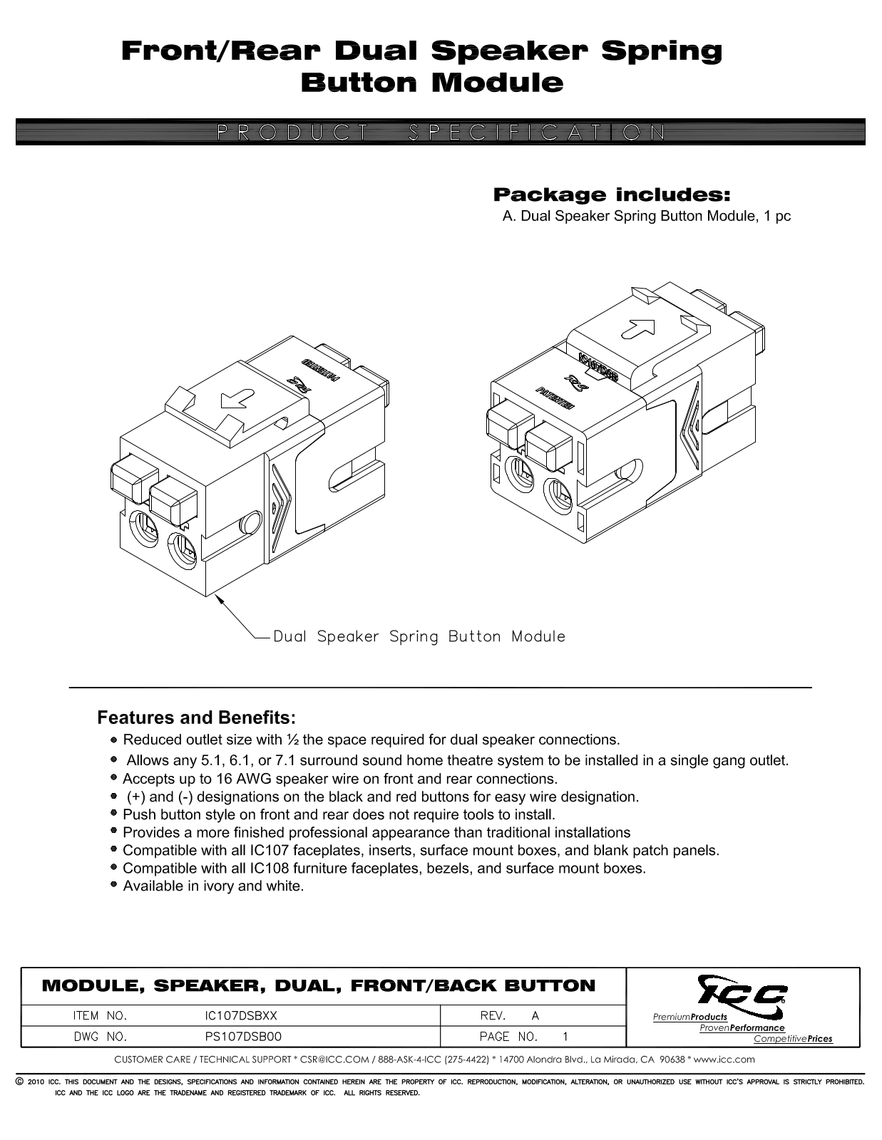 ICC IC107DSBIV, IC107DSBWH Specsheet