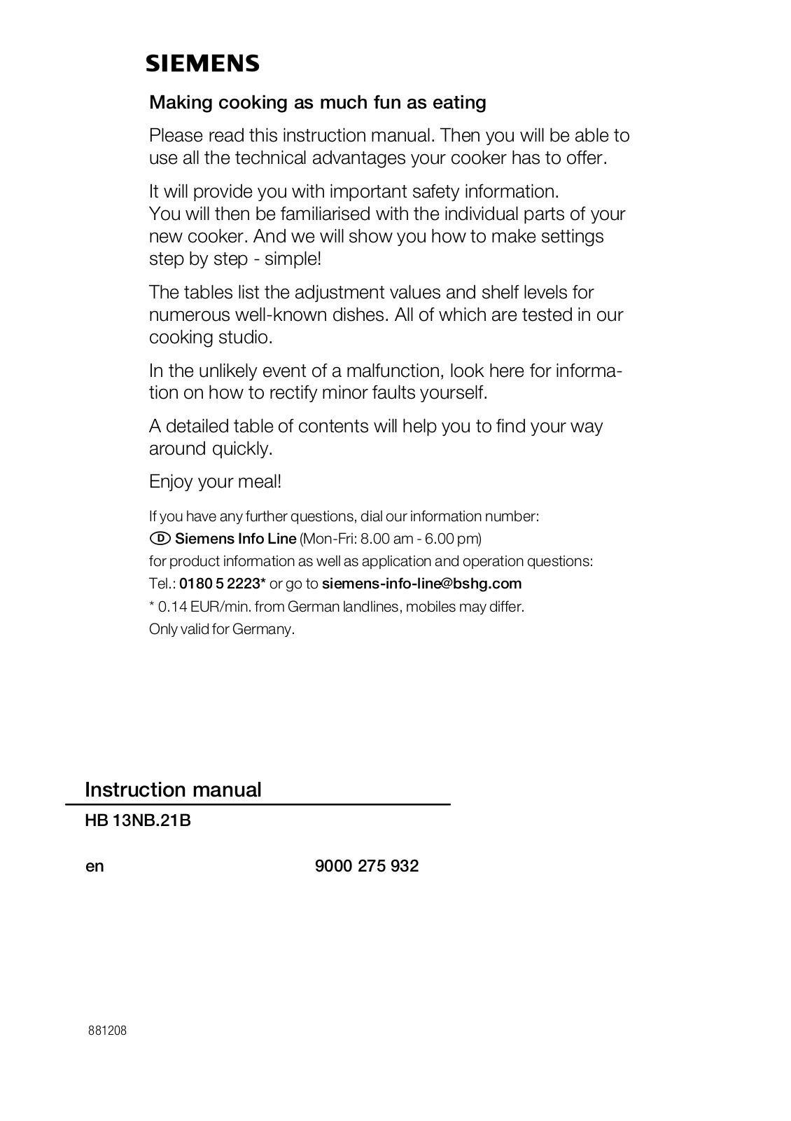 Siemens HB13NB221B, HB13NB521B Instructions Manual