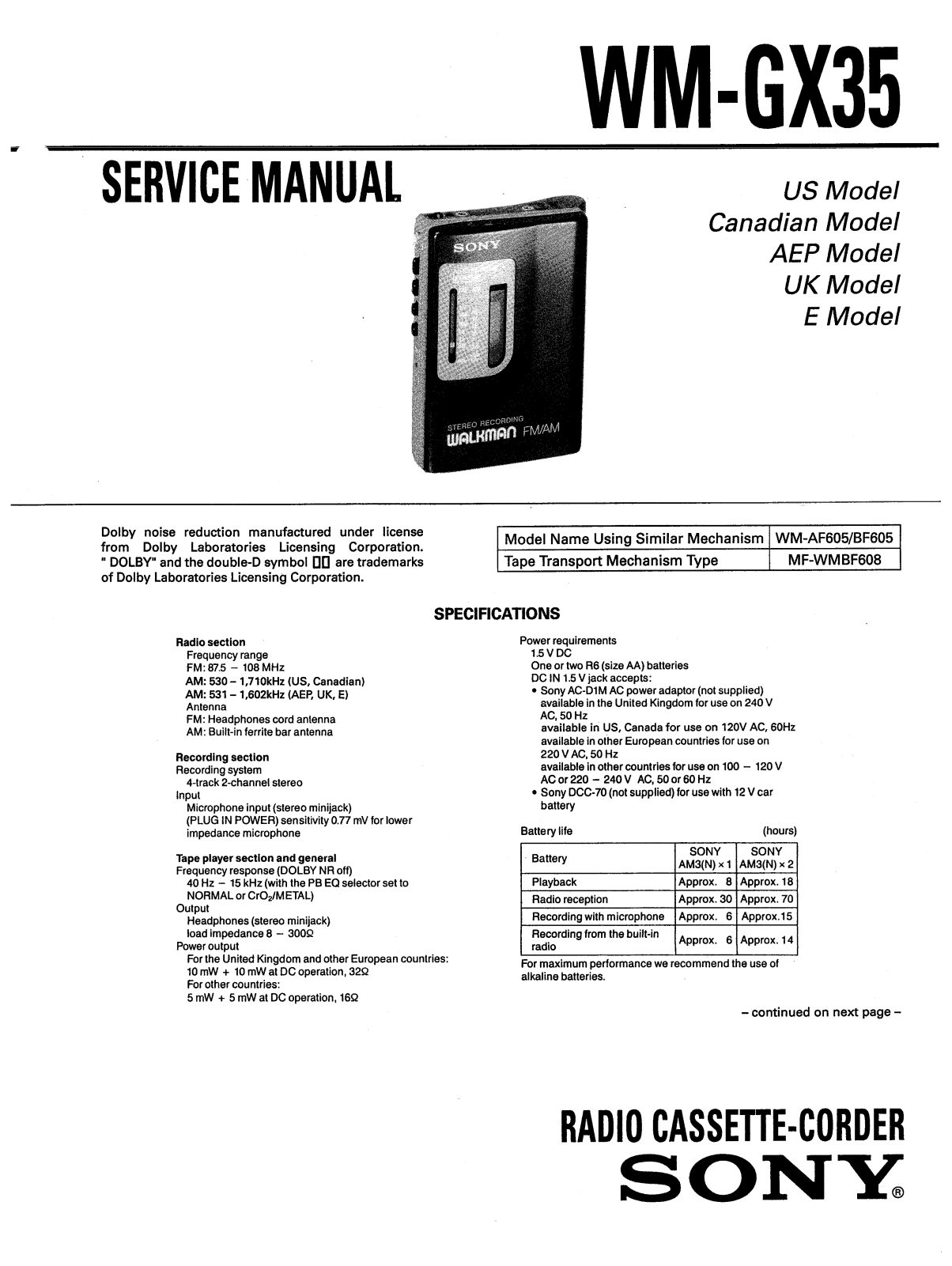 Sony WMGX-35 Service manual