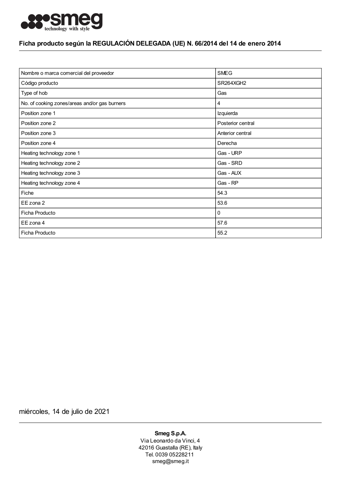 Smeg SR264XGH2 Product Information Sheet