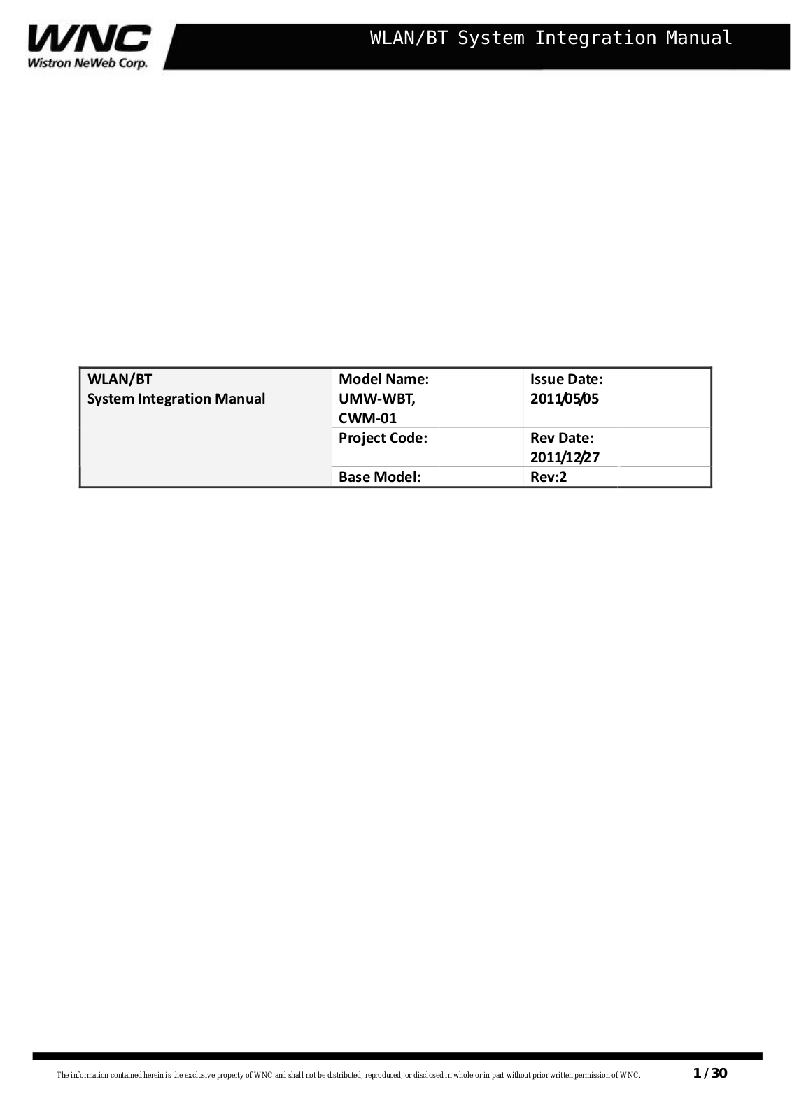 Wistron NeWeb UWMWBT CWM01 User Manual