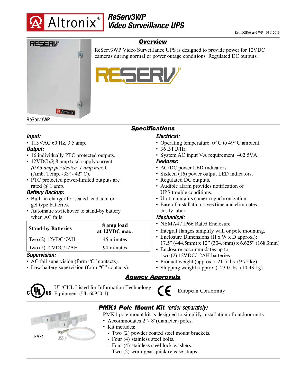 Altronix ReServ3WP Data Sheet