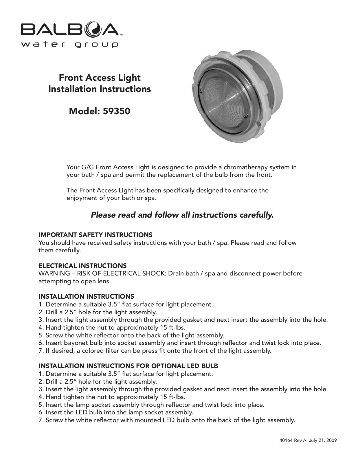 Balboa Water Group Front Access Light User Manual